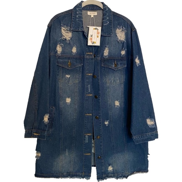 Velzera Embroidered Floral Distressed Denim Jean Jacket Size L - NWT - Picture 2 of 16